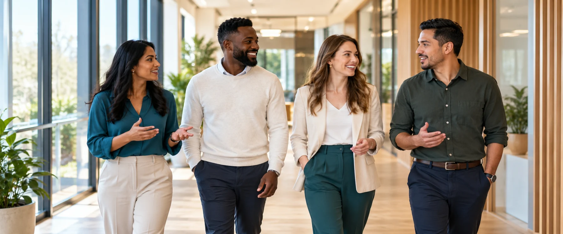 Illustrative photograph of colleagues sharing a conversation as they walk through an office